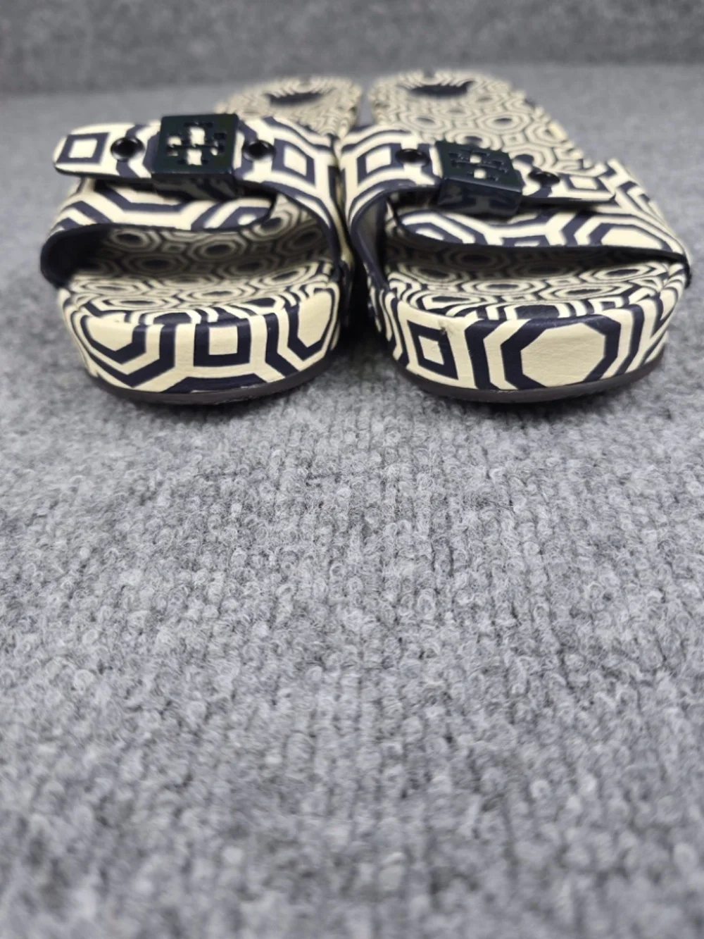 Tory Burch Noah Navy Blue Geometric Leather Slide Sandals Size 9